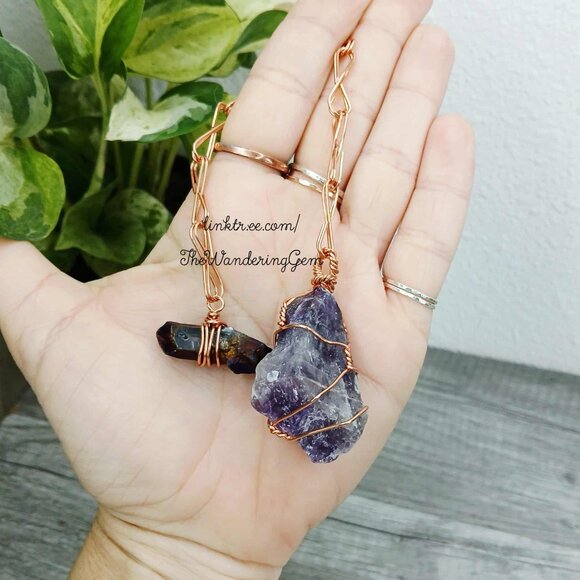 Raw Amethyst Crystal & Copper Dowsing Pendulum, Divination Tools, 9" - Picture 2 of 7